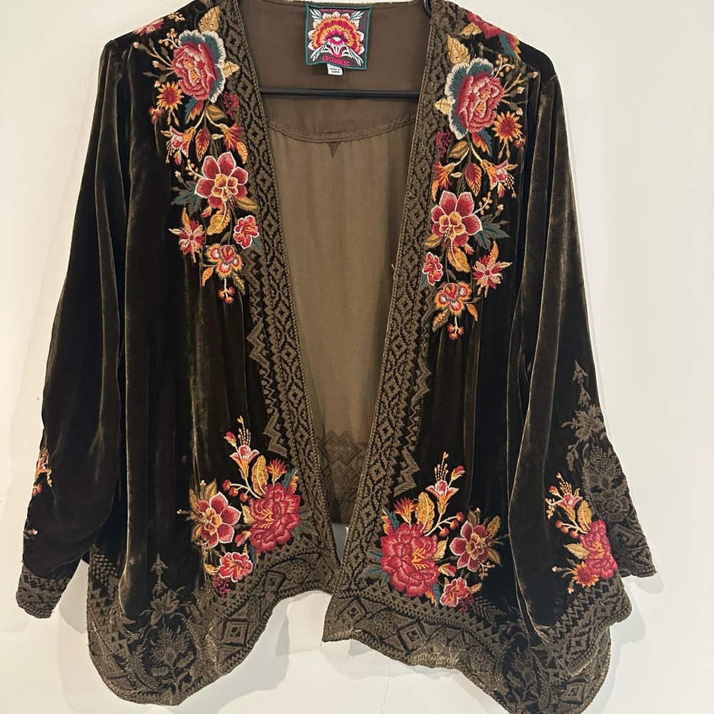 Johnny Was Brown Kimono with Pink Floral Embroidery